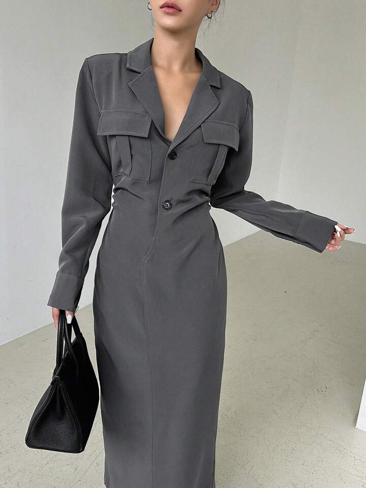 Charcoal Elegance Long Blazer Dress