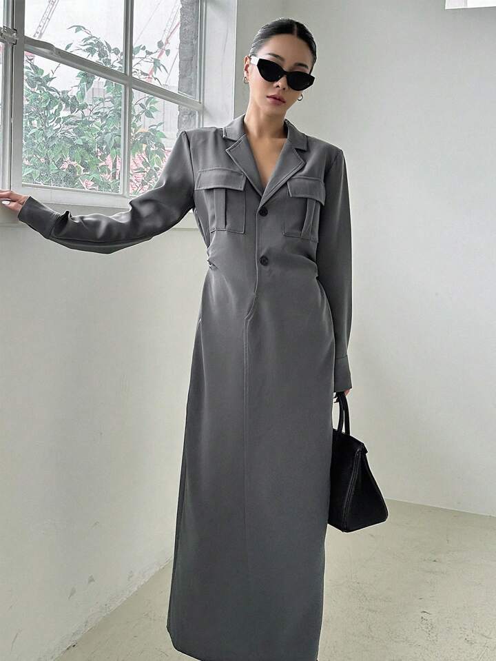 Charcoal Elegance Long Blazer Dress