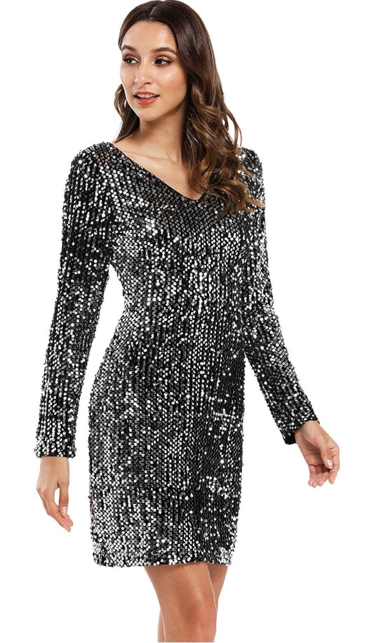 Black Silver Sequin Long-Sleeve Mini Dress