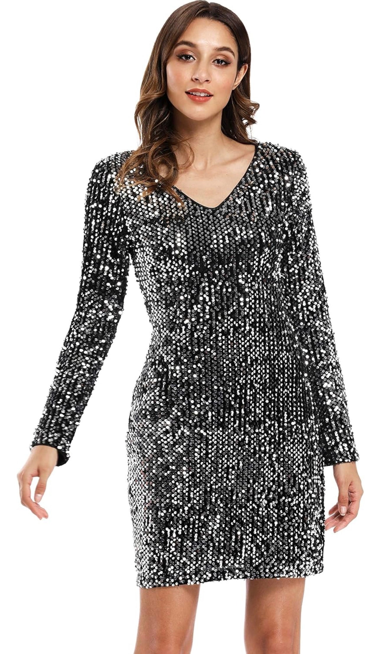Black Silver Sequin Long-Sleeve Mini Dress