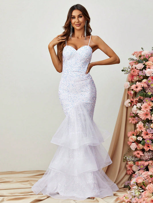 White Sequin Mermaid Gown with Tiered Tulle Hem