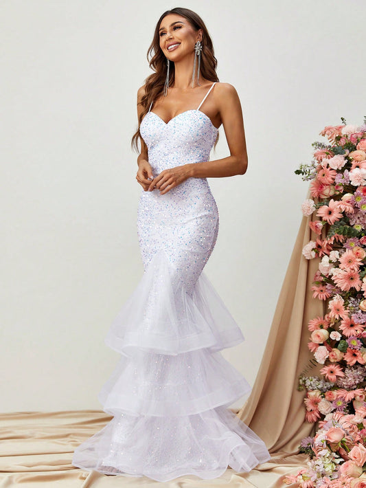 White Sequin Tiered Mermaid Gown