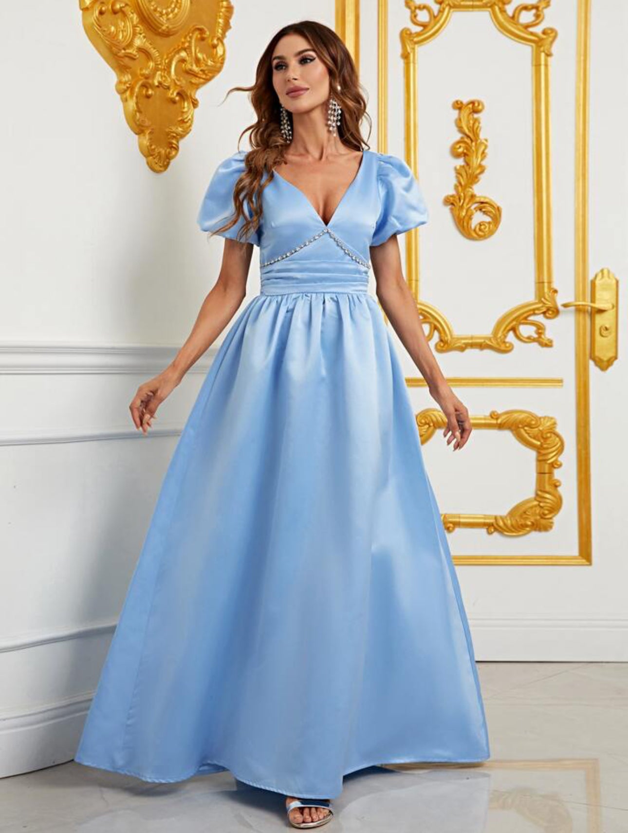 Powder Blue Puff Sleeve Satin Gown