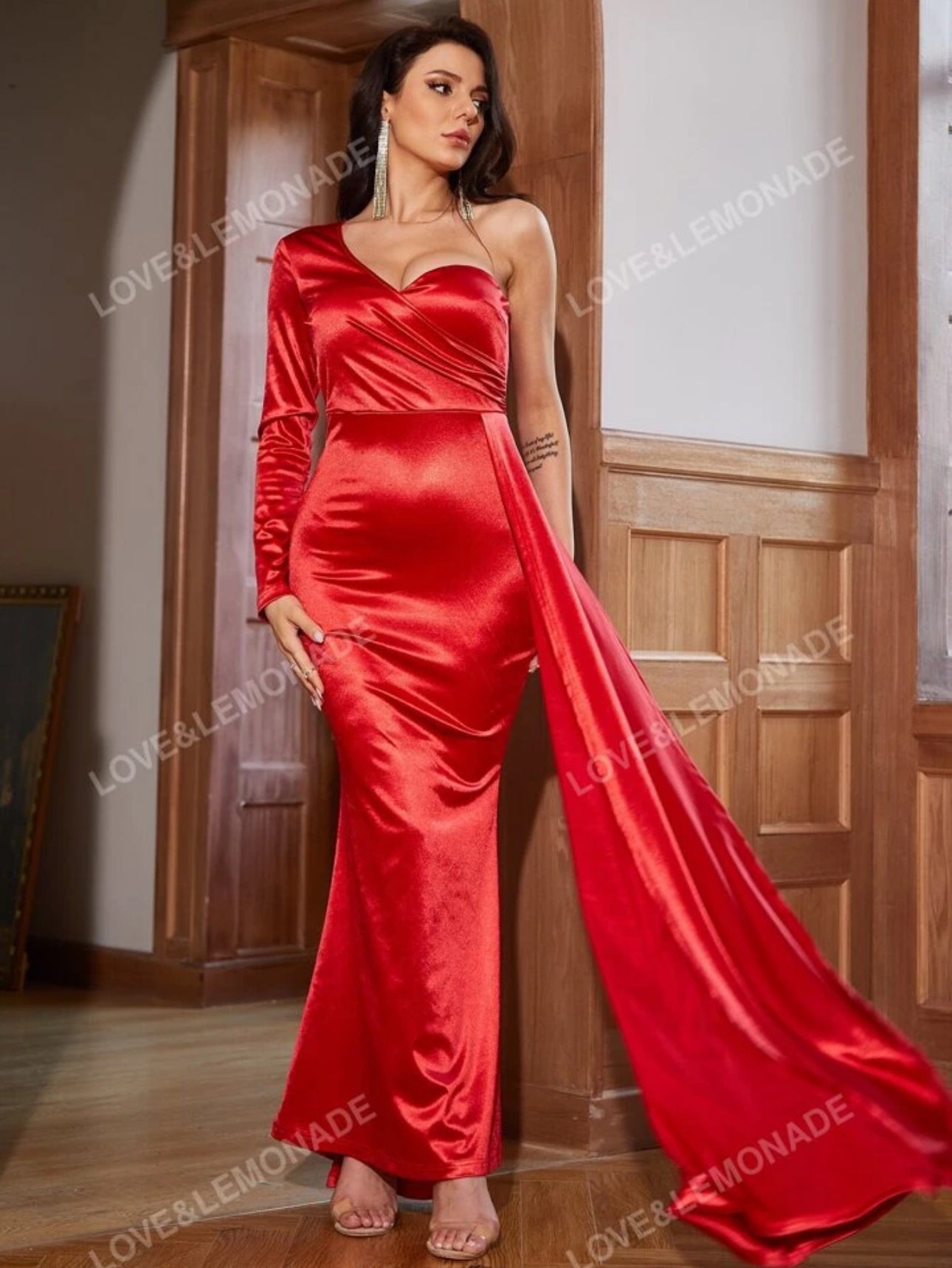 Red One-Shoulder Silk Evening Gown