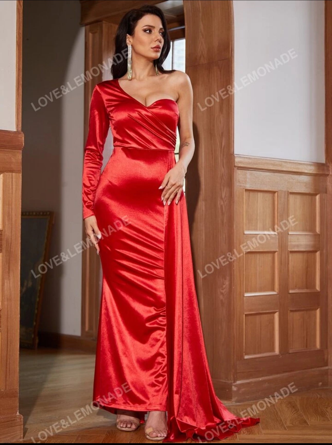 Red One-Shoulder Silk Evening Gown