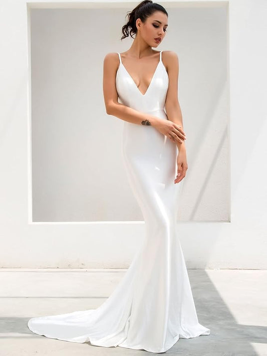 White Satin Backless Mermaid Gown with Thin Straps