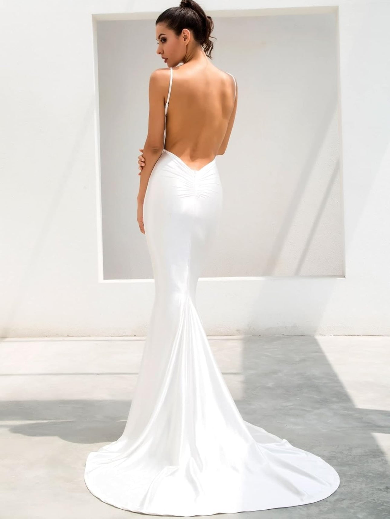 White Satin Backless Mermaid Gown with Thin Straps