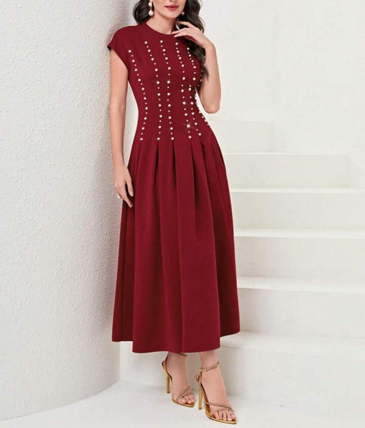 Wine Elegance Peqarl Embellished Midi Dress