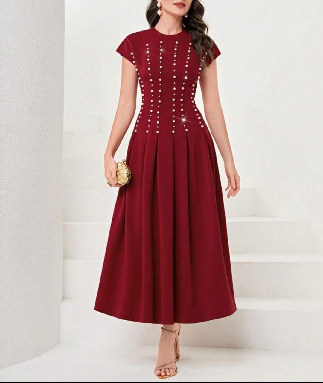 Wine Elegance Peqarl Embellished Midi Dress